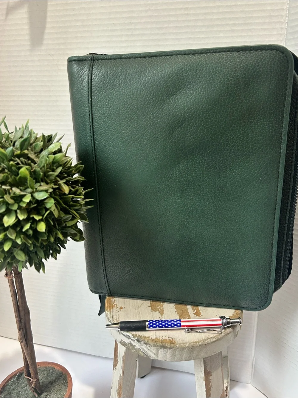 Vintage Franklin Covey Forest Green Leather Zip Around 7 Ring Personal Organizer